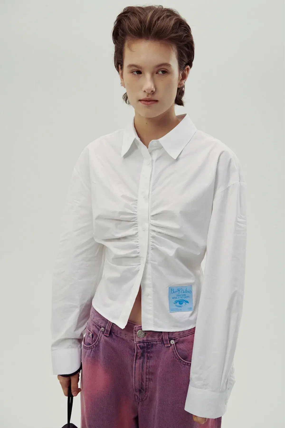 Sinnoon Cotton Croped Shirring Shirt (White)