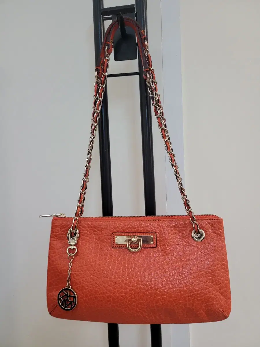 DKNY Crossbody Orange Pebbled Leather Shoulder Bag Wallet with 2-Way Chain