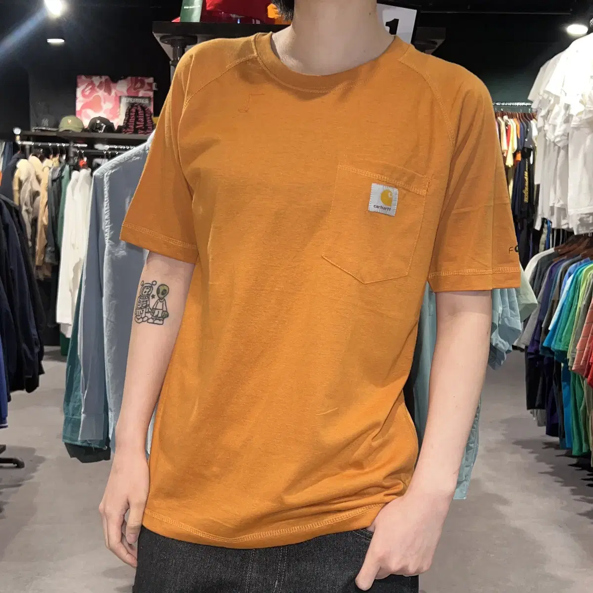 (171) CARHARTT 칼하트 원포켓 기본 면 반팔 티셔츠 오렌지 S