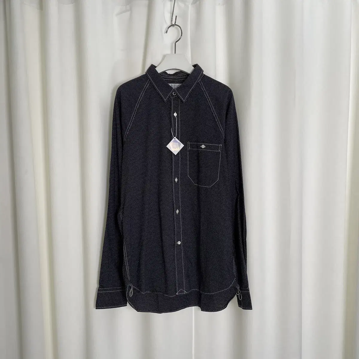 UNUSED Unused Navy Polka Dot Raglan Cotton Shirt