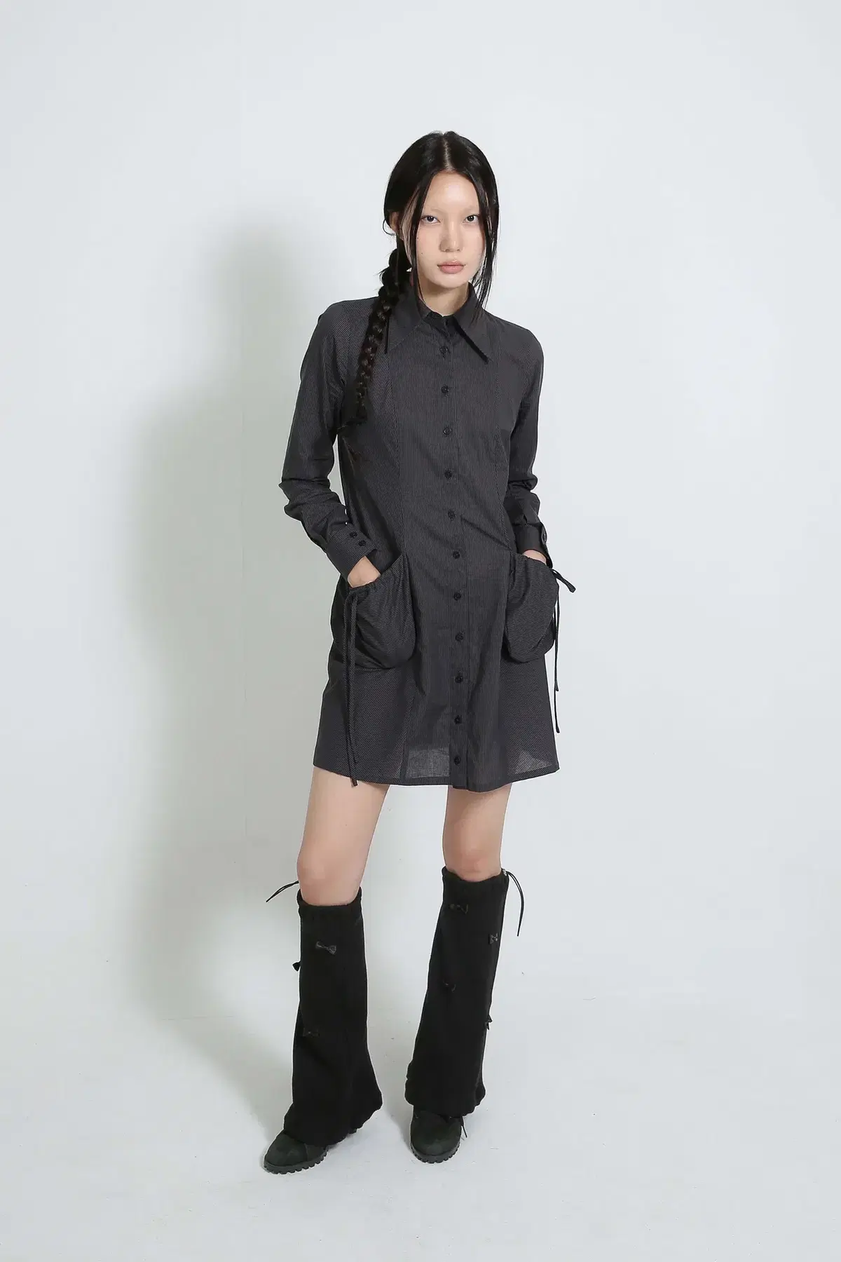 eeum) STRIPE RIBBON POCKET SHIRT DRESS