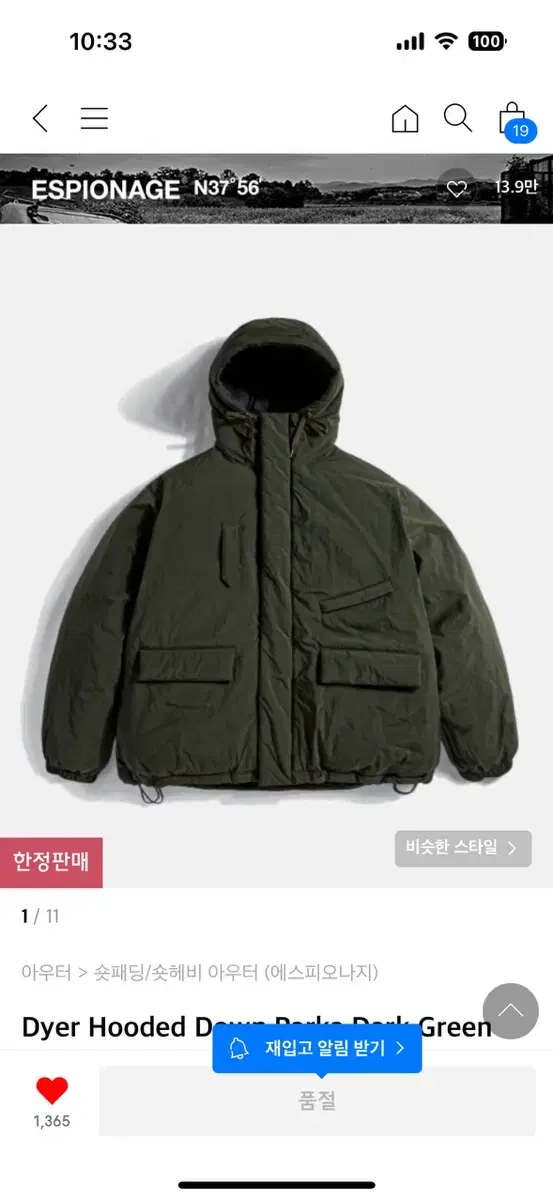 Espionage Dyer Hooded Down Parka Dark Green