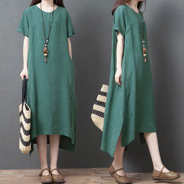 Shop 4435 Front Button Loose Fit ONEPIECE Green 55-1