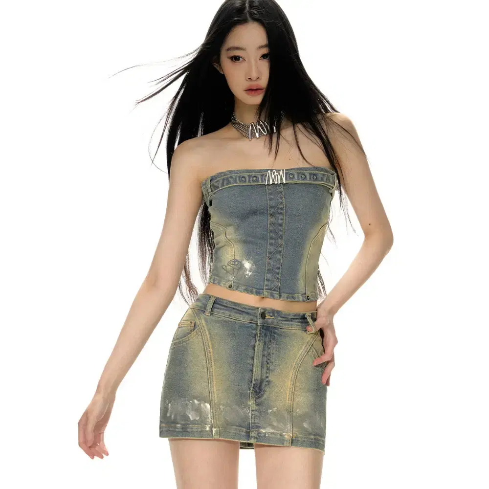 NOTAWEAR 데님 셋업 워싱 튜브탑 청치마