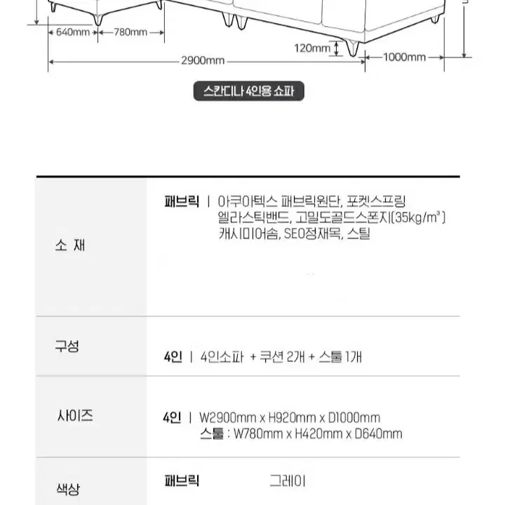 거의새것 / 고급사양 독립스프링 / 4인용 소파 + 쿠션 2 + 스툴 1