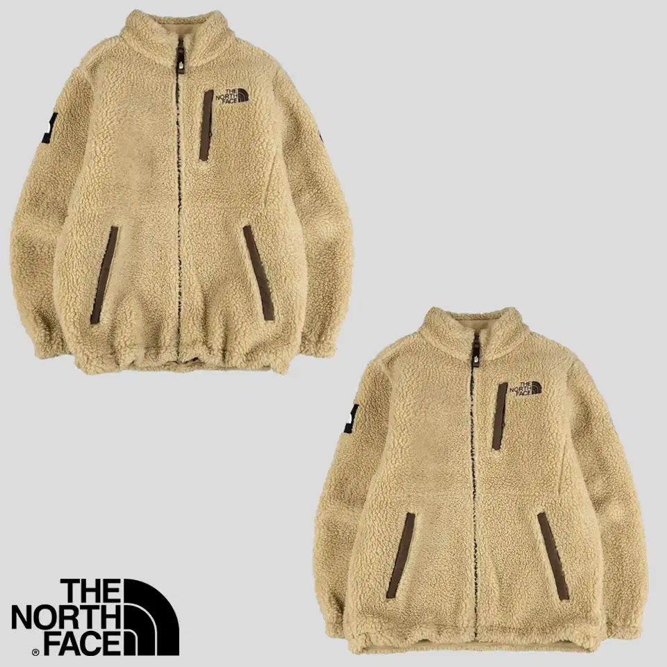 The North Face beige brown logo embroidered box patch remote chest pocket poggle fleece