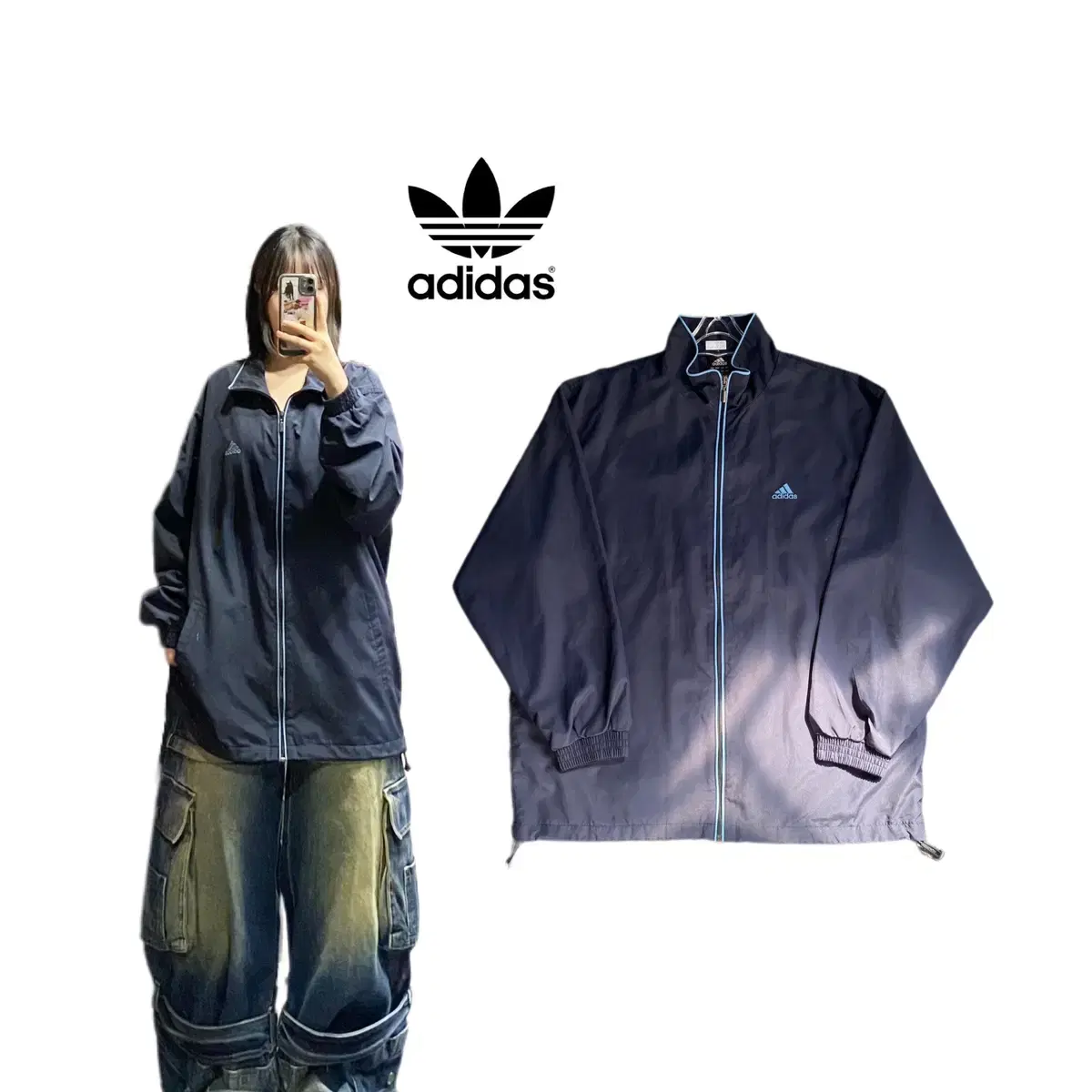 haneul, Adidas Navy, White Logo, Overfit Windbreaker