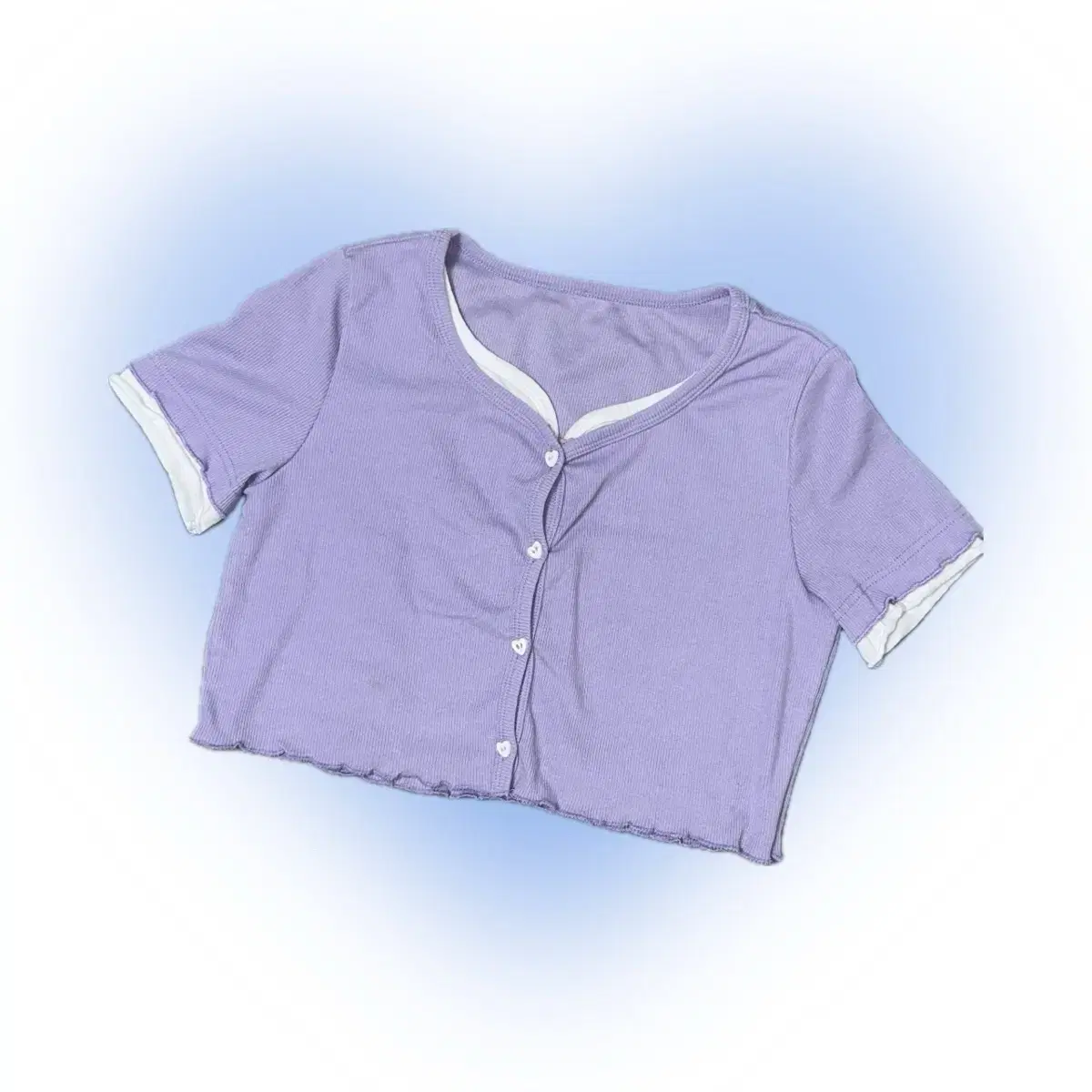 - Light purple frill cardigan layered with a short-sleeved T-shirt