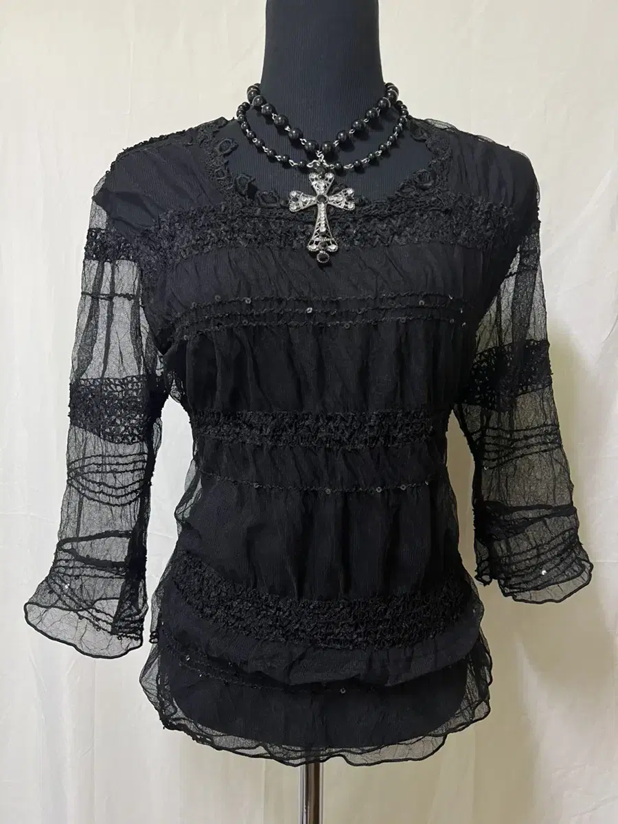 Sequin Cubic See-through Lace Ruffle Blouse GothpunkGothicDarkFairyGyaru Misakal