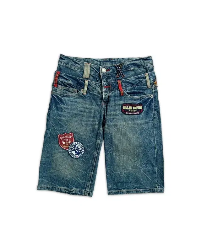 vintage patch double denim shorts