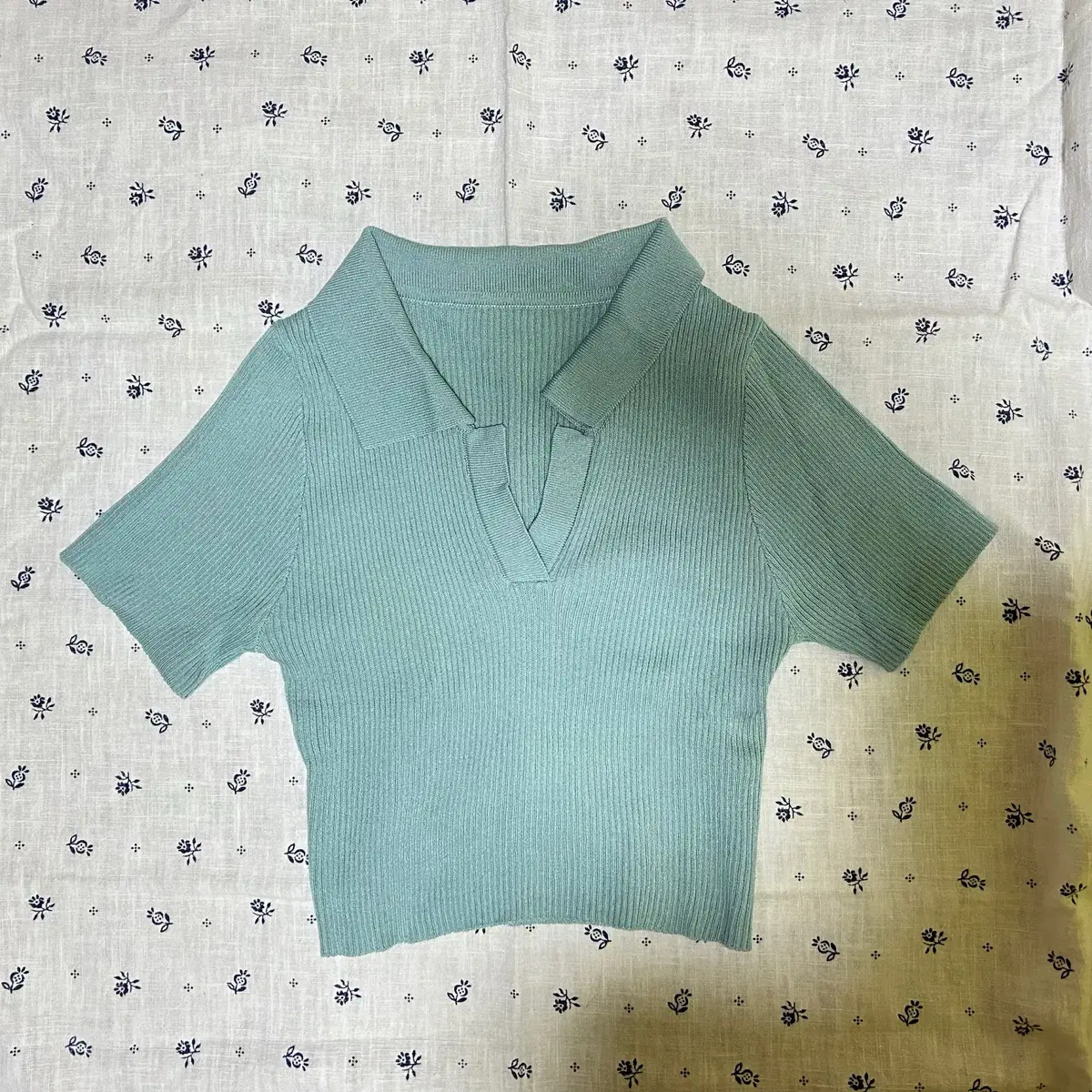 Mint-colored crop-top short-sleeved jeogori