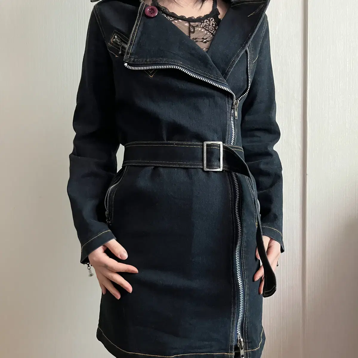 belted slim fit denim coat