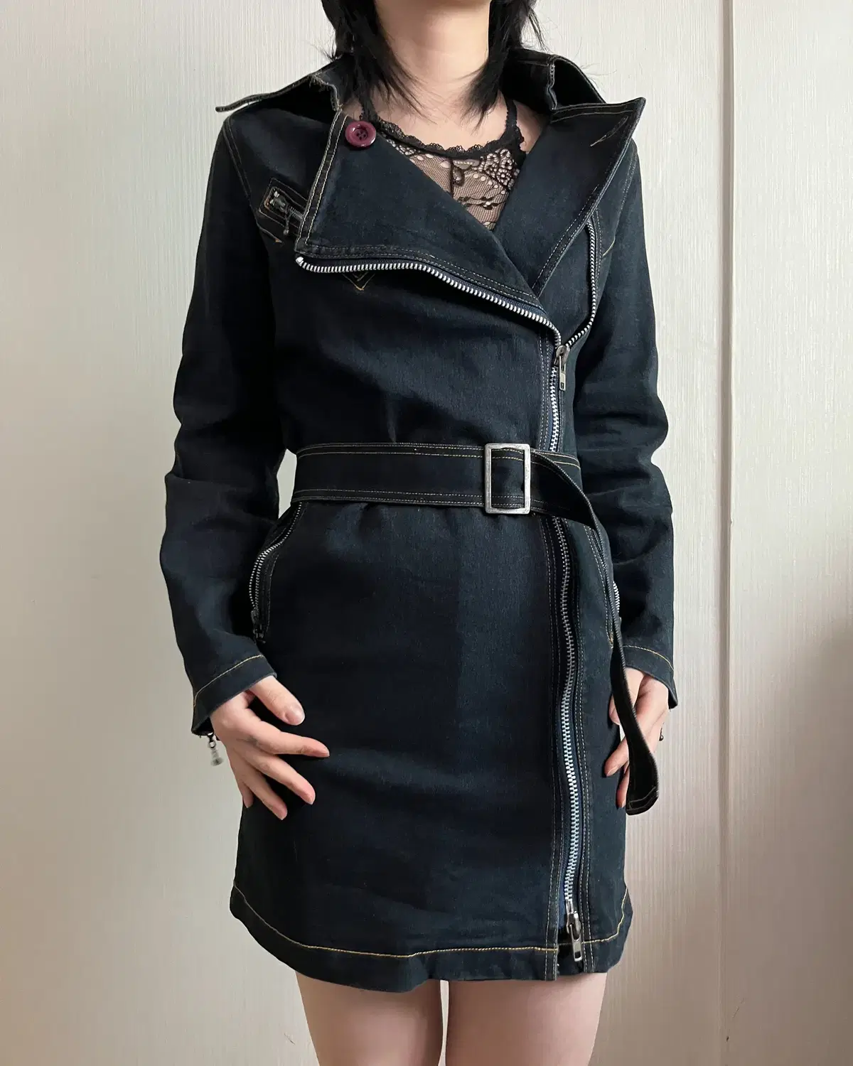 belted slim fit denim coat