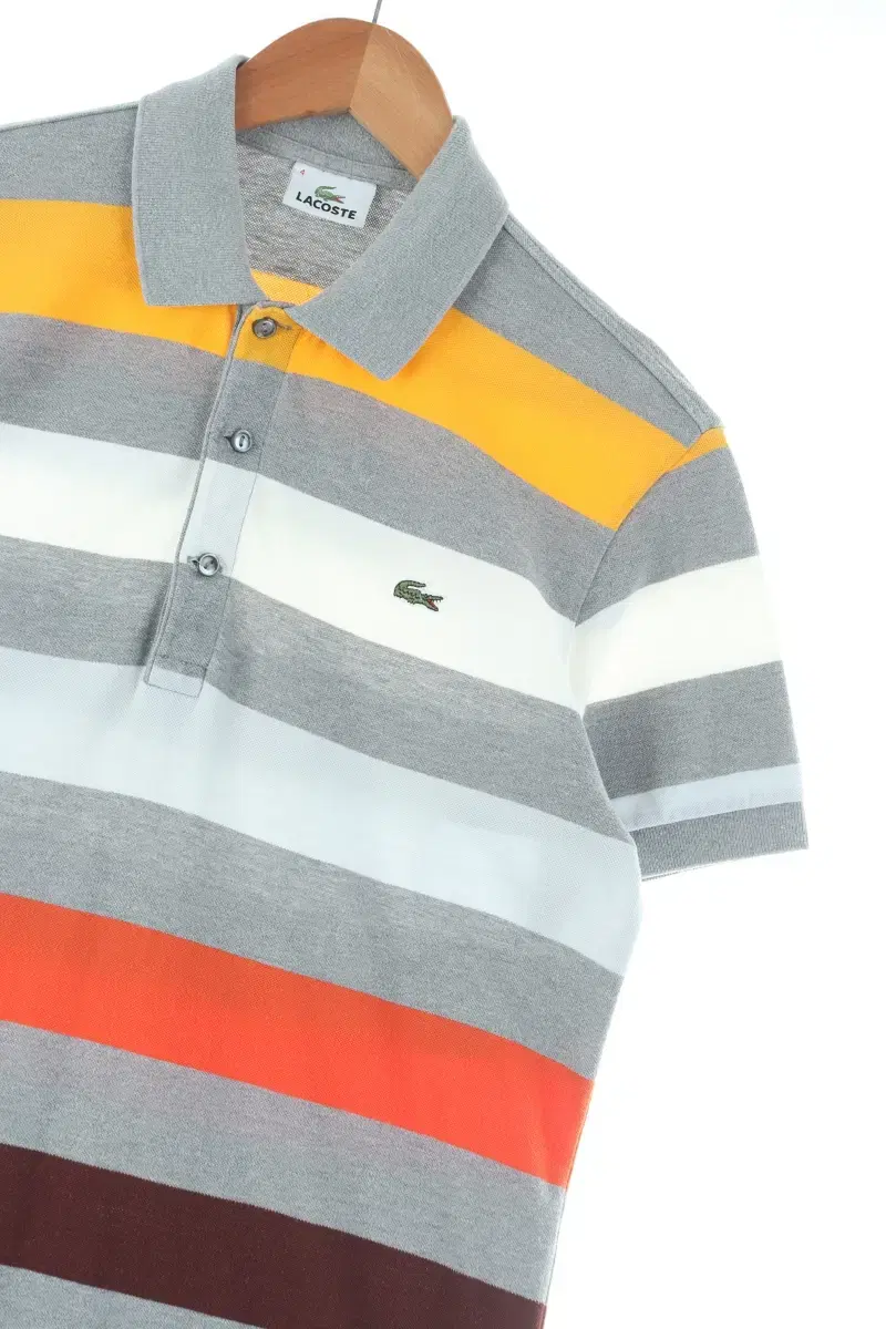 (L) Lacoste Short-sleeved kara T-shirt gray striped amechage-D303