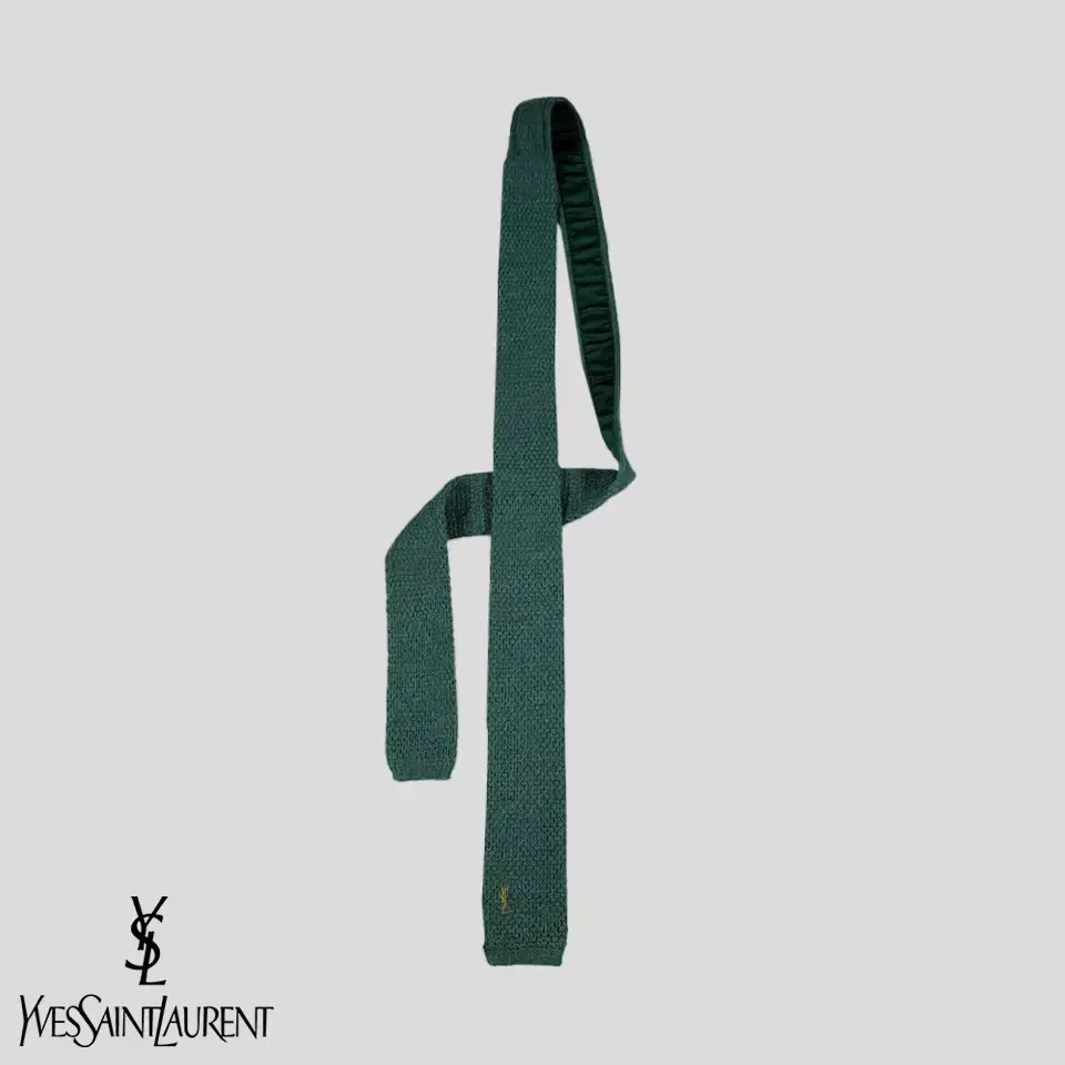 YSL Yves Saint Laurent Turquoise green khaki beige embroidered merino wool square tie