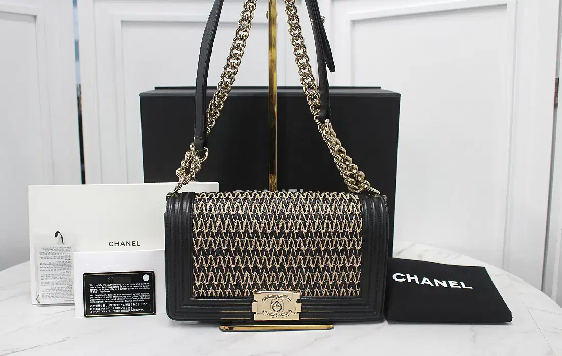 [Used] Chanel Braided Lambskin Boy Bag Medium Silver in Black 27 units