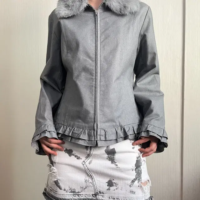 Fur collar cotton zip up jacket