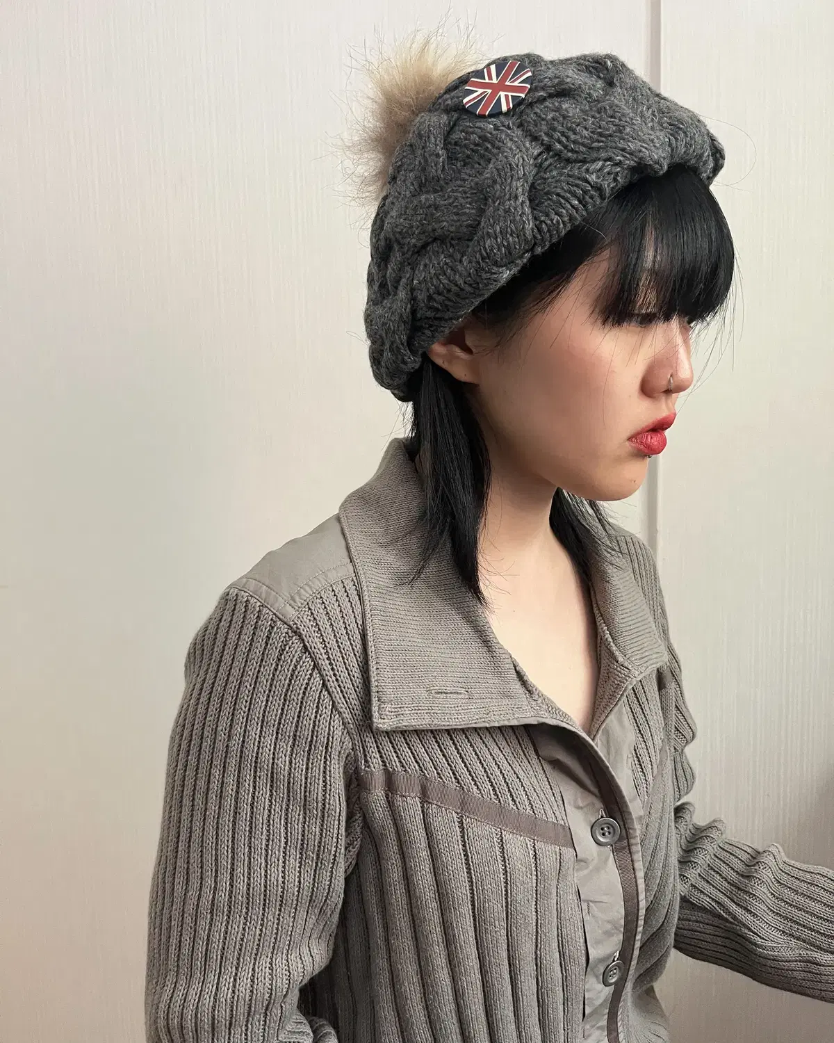 Fur pom cable beret