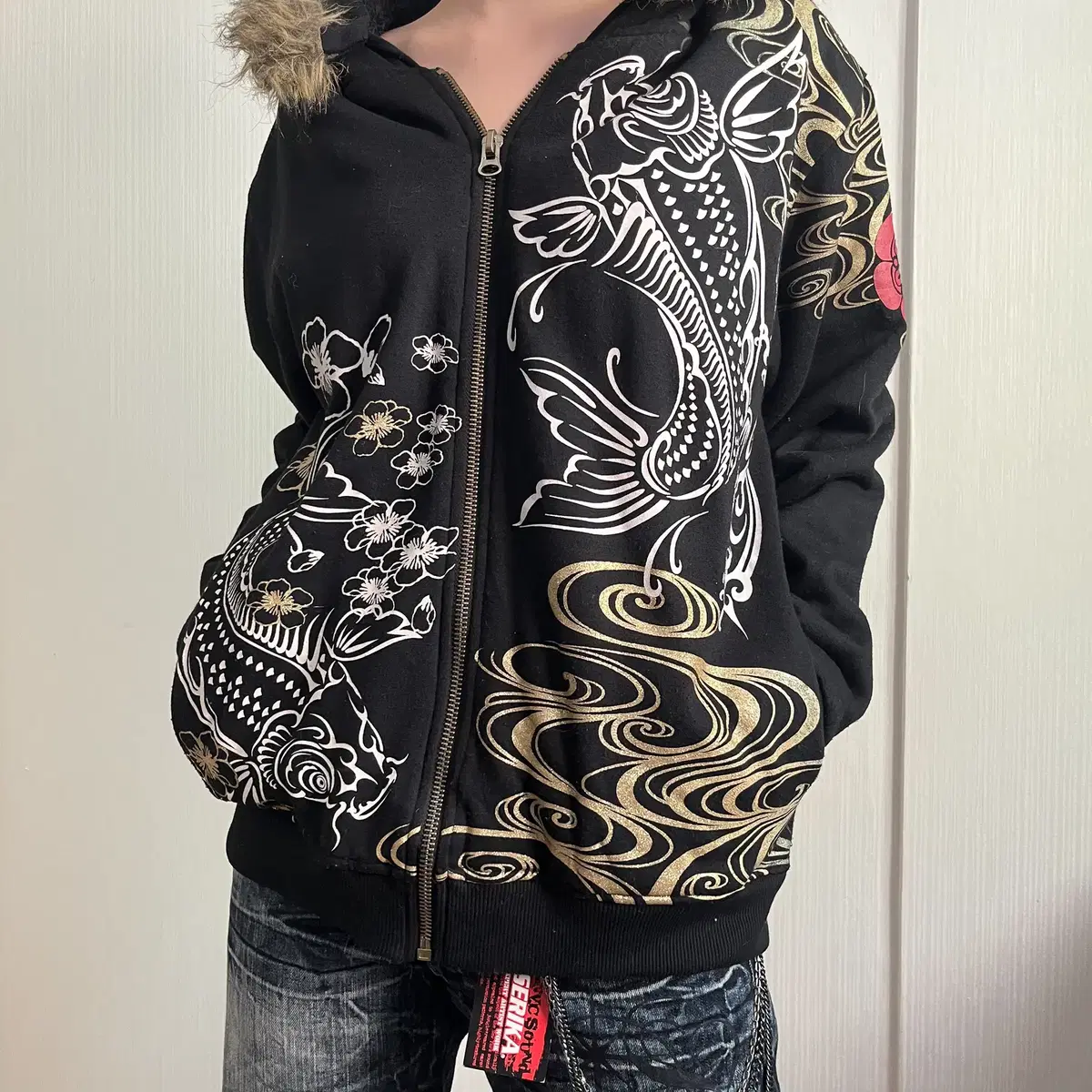 Oriental printing hood zip up jacket