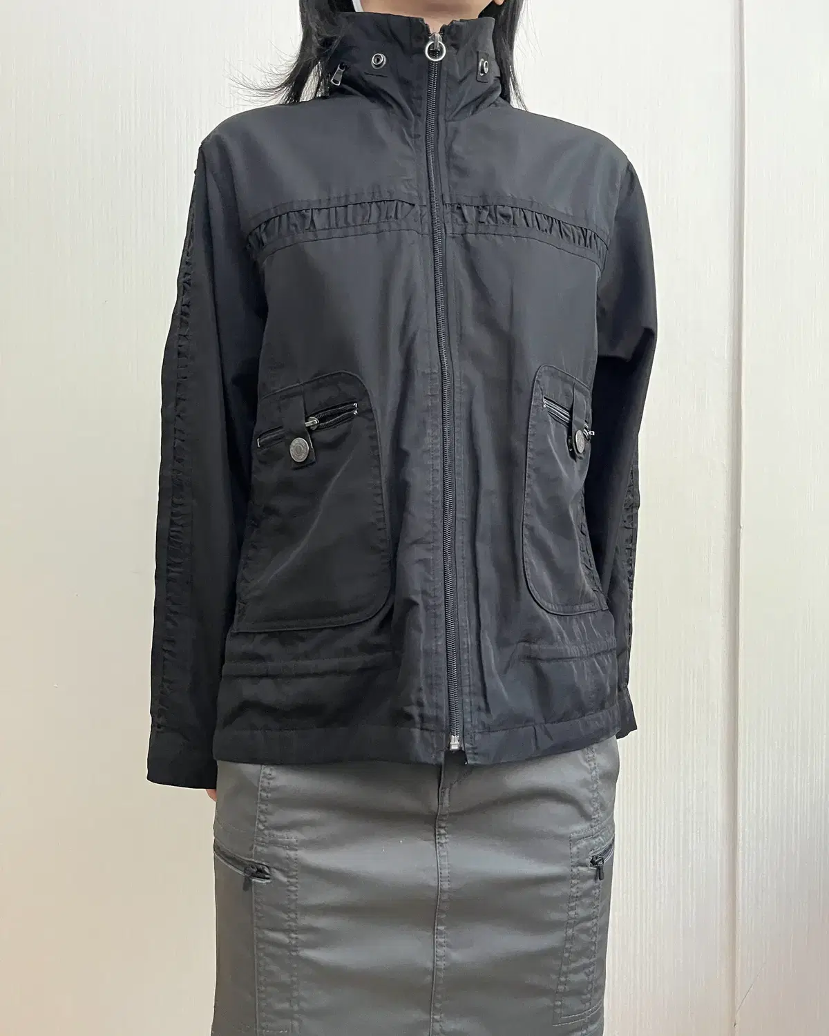 Shirring point high neck jacket