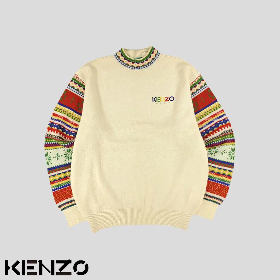 KENZO 겐조 골프 라이트 옐로우 에스닉 패턴 울100 모크넥 니트 L