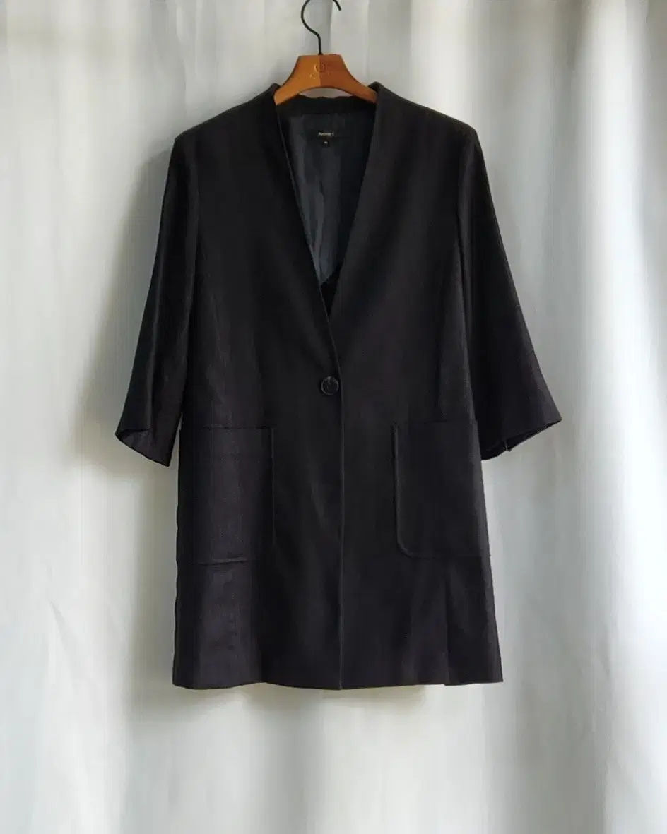 [ANIBEF] Linen Blend Jacket Black Jacket One-Button No-Collar