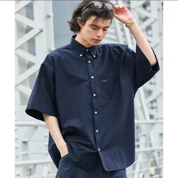 Hect Japan 24SS Big Button-down Oxford Logo Overfit Short-Sleeved Shirt NavyL