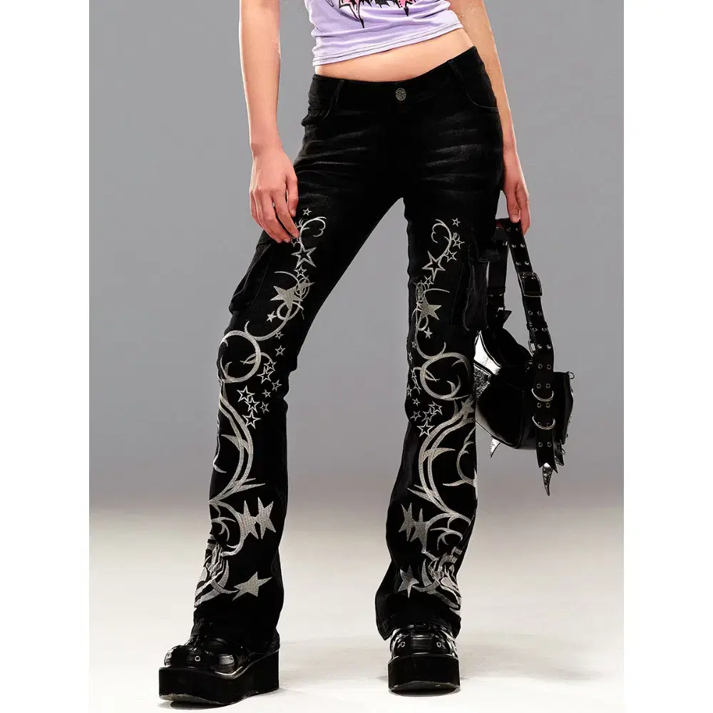 CFIERCE Silver Star Embroidered Black Bootcut Jeans