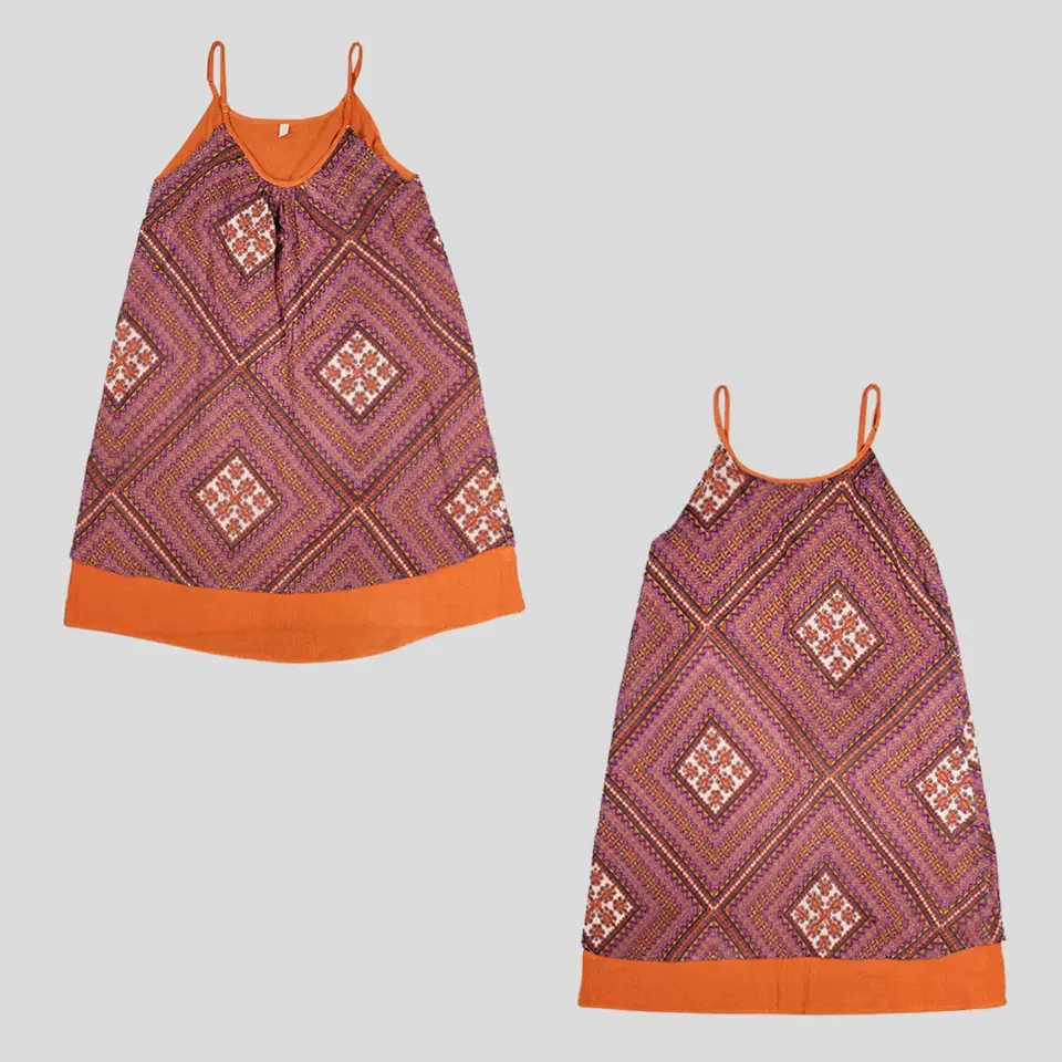 HB Orange Purple Ethnic Oriental Ethnic Pattern 100% Cotton STRING-NECK ONE-PIECE