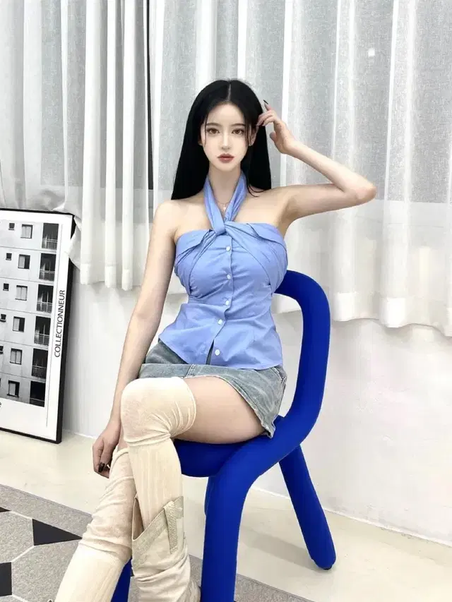 홀터넥 섹시 블라우스 셔츠 꼬임 (새거) 새상품 소라색 블루 꼬임