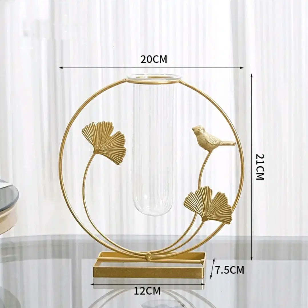 (새상품) 골드프레임 유리 꽃병 철제 화병 인테리어 (원형 황금 새)