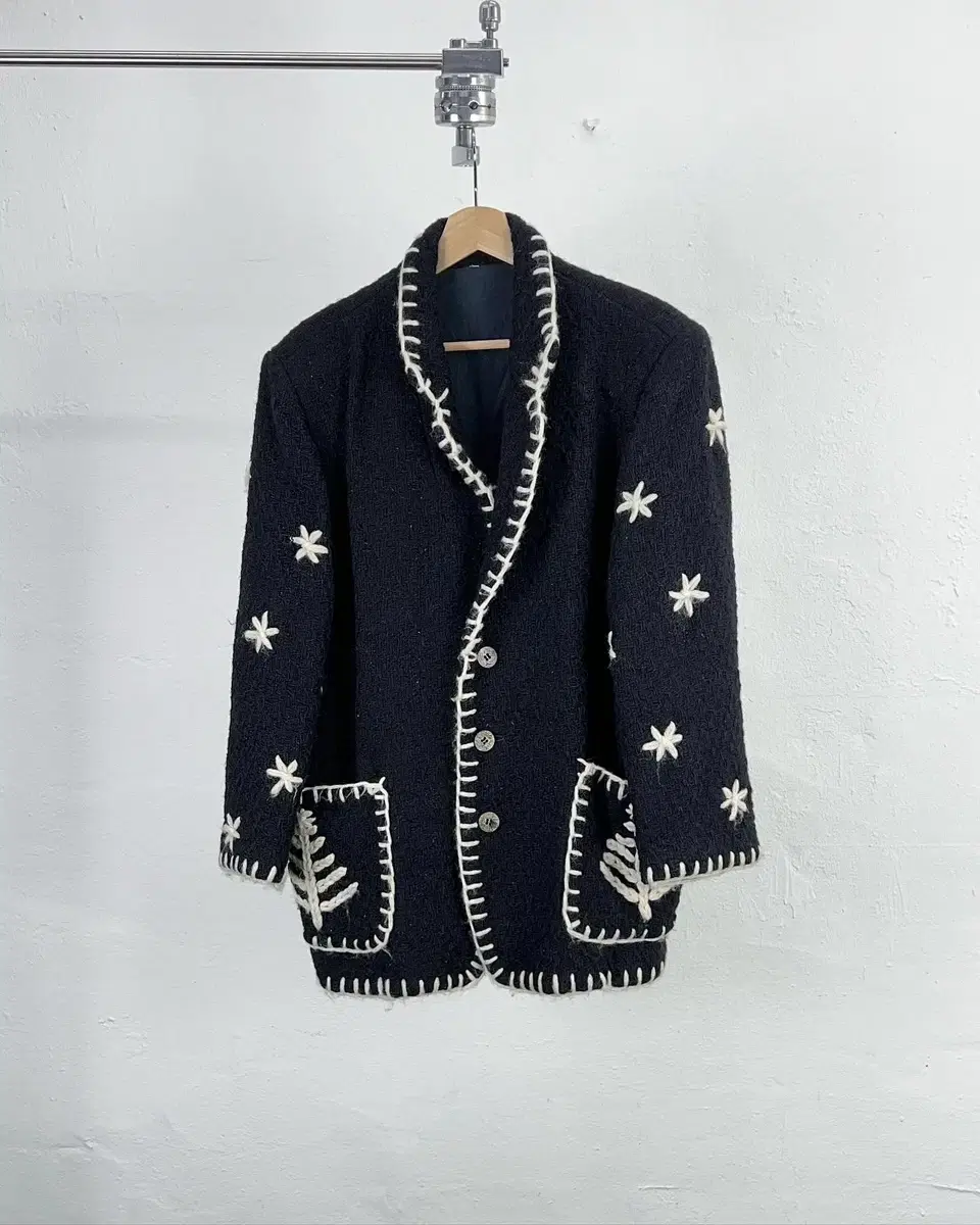 80s IS Sei Miyake Navy Flower Embroidered Heavy Pocket Knit Jacket