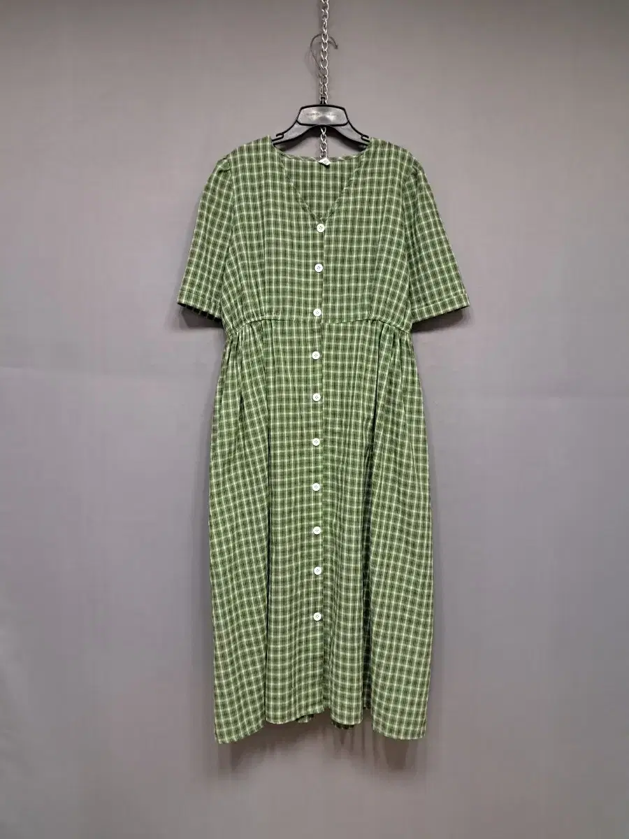 V-NECK BUTTON CHECK LONG ONEPIECE