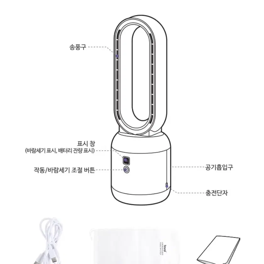 보랄 BLDC 무선 미니 6단 날개없는 저소음 선풍기 USB C타입