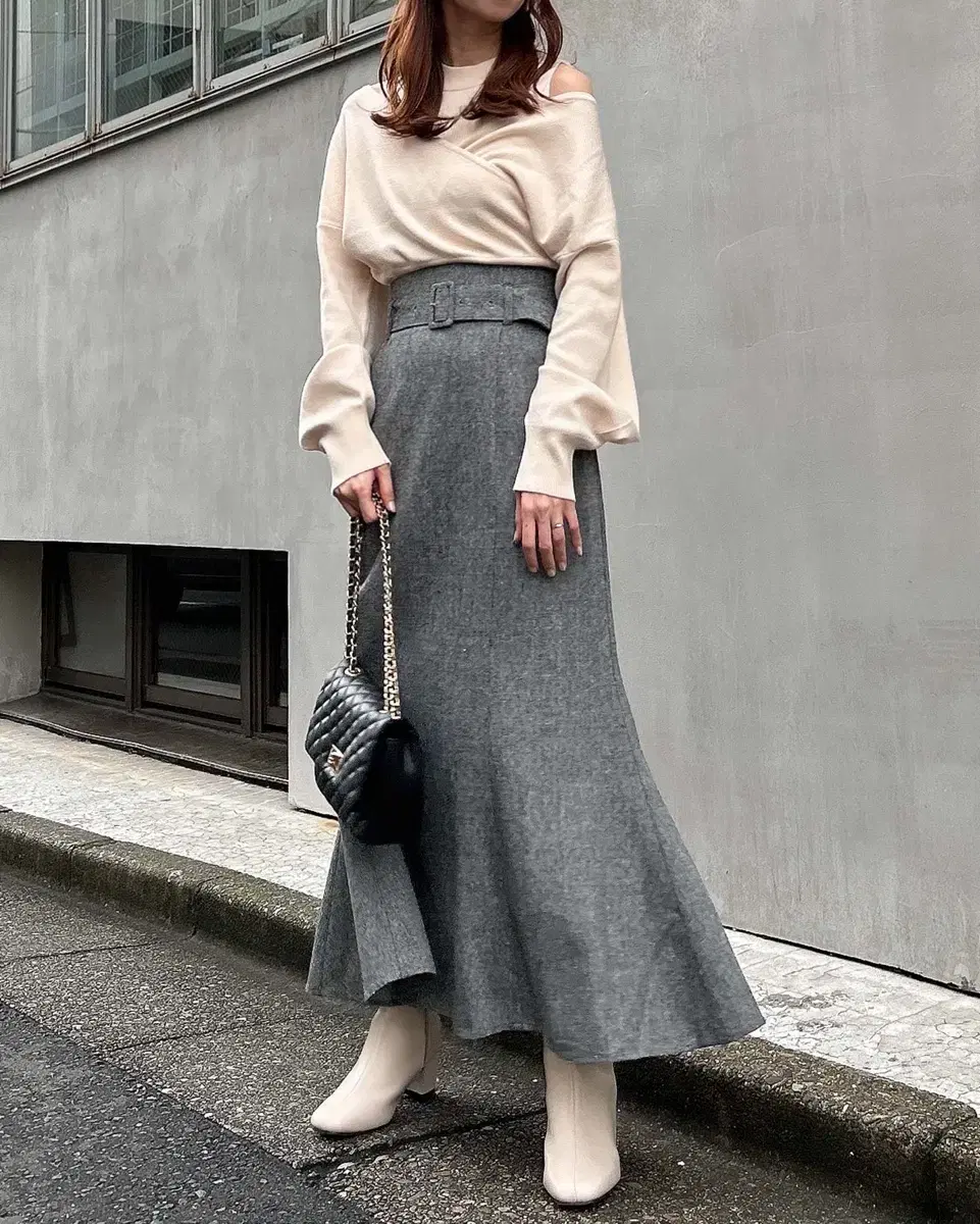 Ingie Gray Belt Long Tweed Skirt Mermaid Belt Japanese Brand