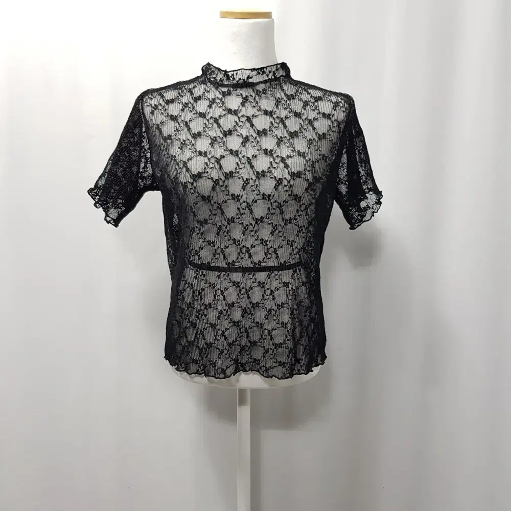 Vintage embroidered black fishnet pleated short sleeve blouse womensF E546