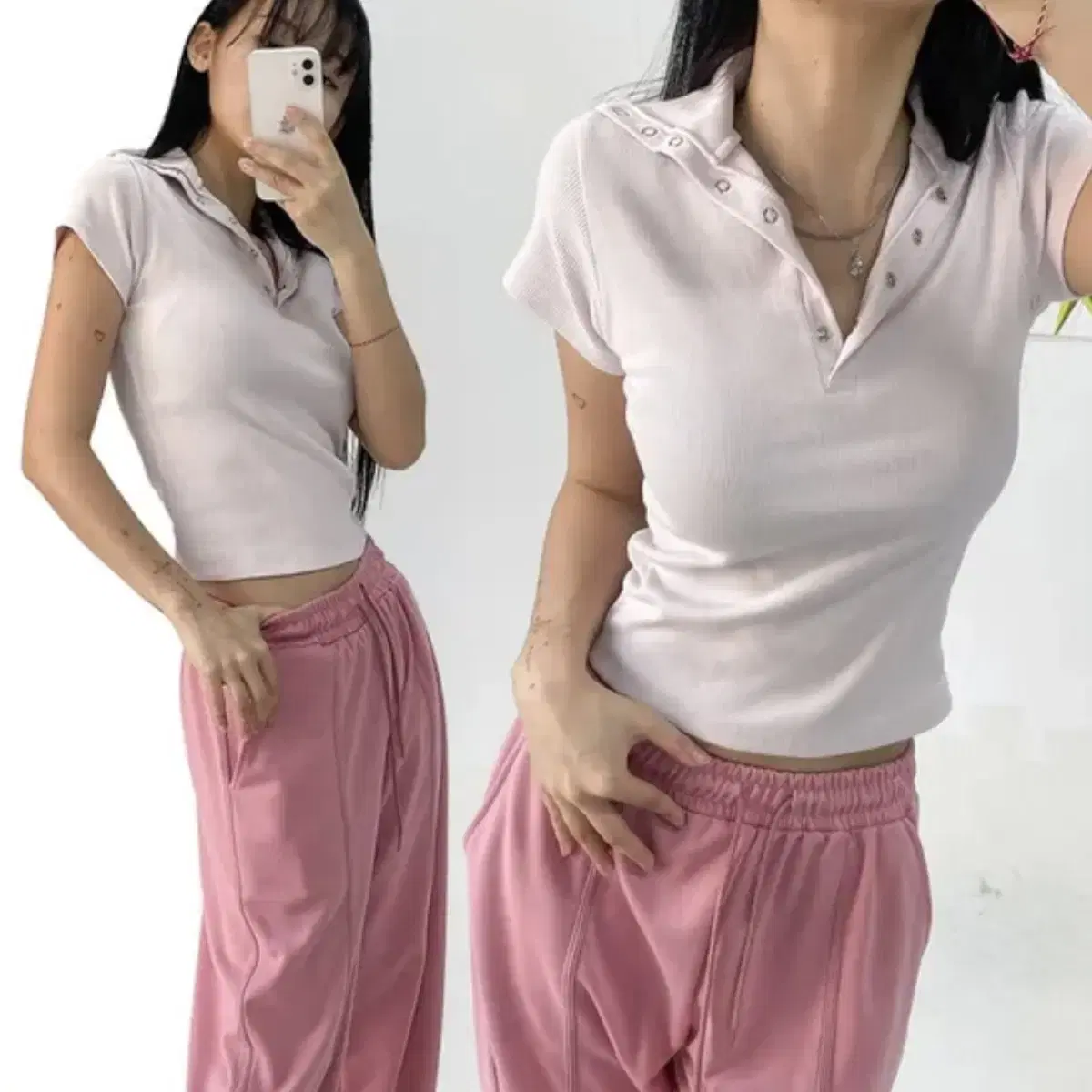 아쿠비클럽 plae snap tee pink 반팔카라크롭티 핑크