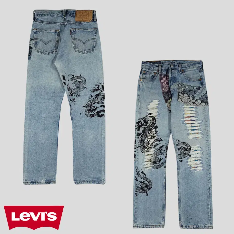 Levi's 501 90s Mid-Blue Wash Button Fly Patchwork Printed Grunge May