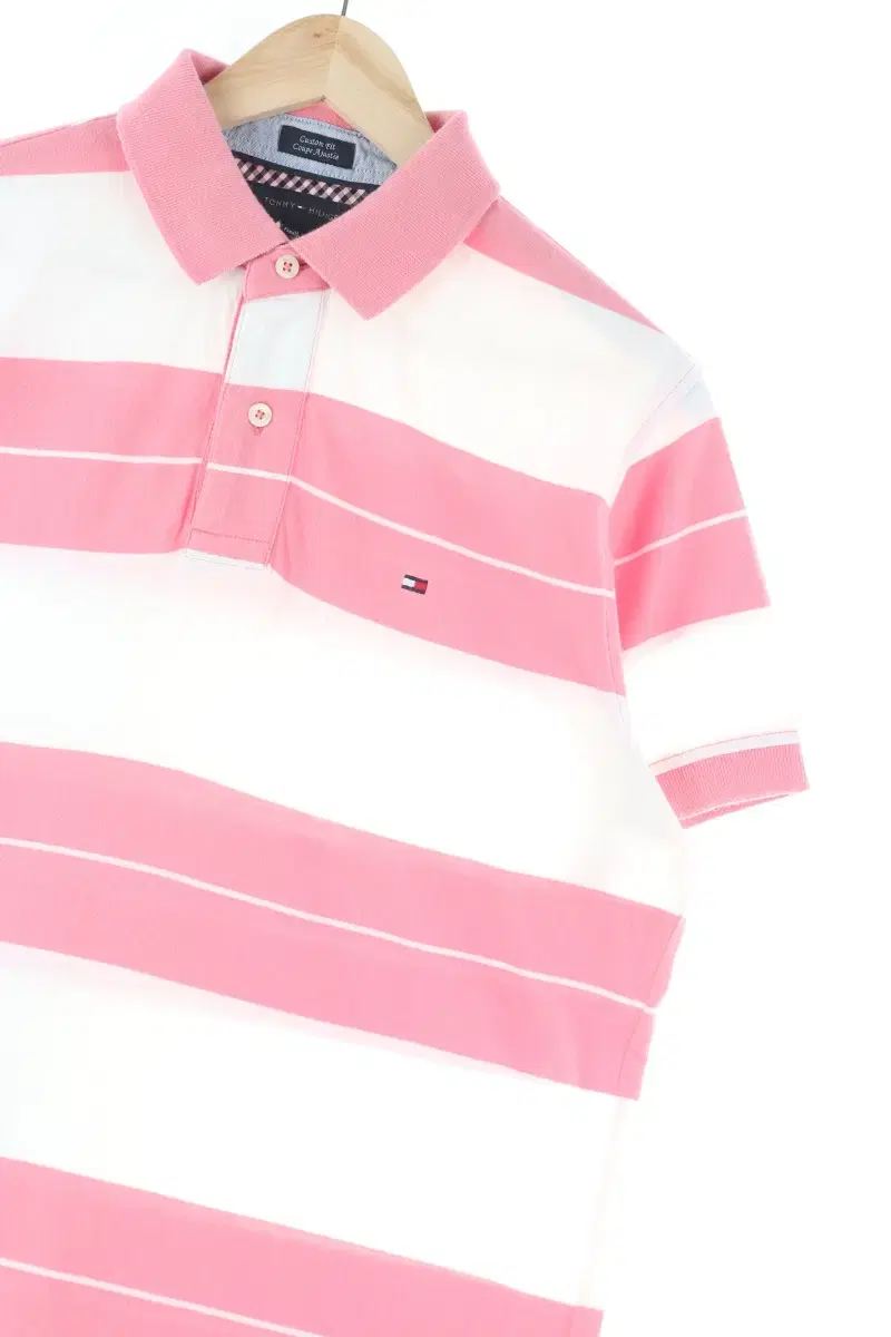 (M) Tommy Hilfiger Short-sleeved kara T-shirt Pink Stripe Amekaji-D744