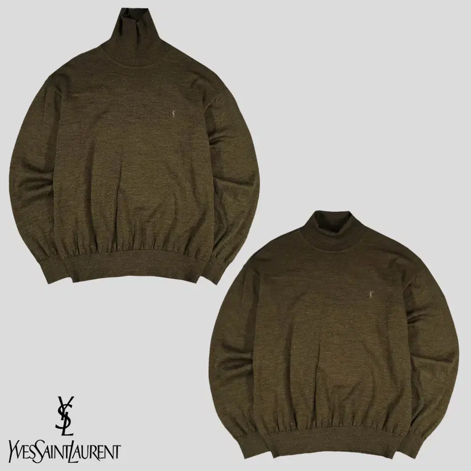 YSL Yves Saint Laurent Khaki Tonal Logo Embroidered Simple Minimalist Old Money Wool100 Turtleneck