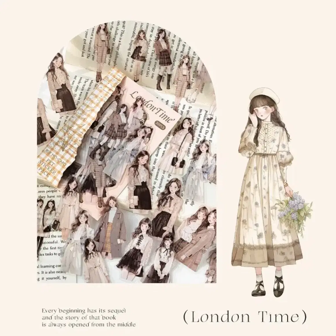 감성 다꾸 London Time 소녀 인물 pet 데코 스티커 15매