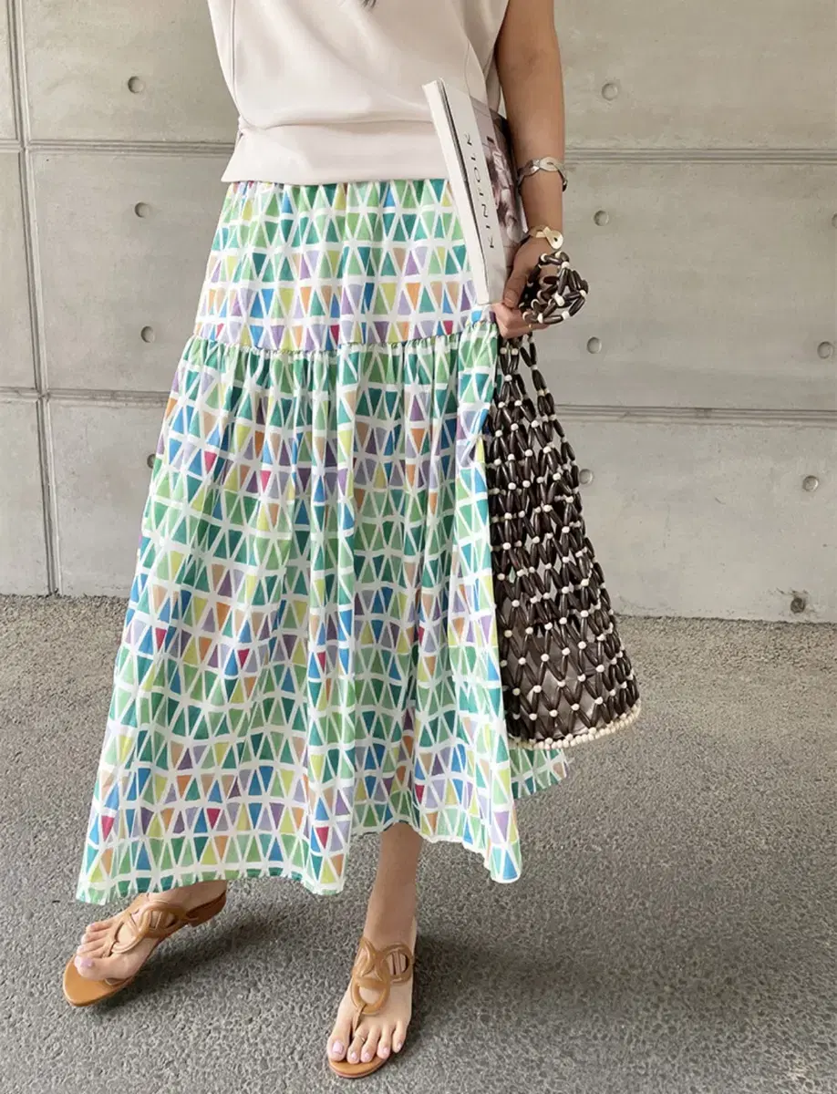 [Unworn/New] Colorful Patterned Banded Long Skirt Green Bridal Look Vacation Look