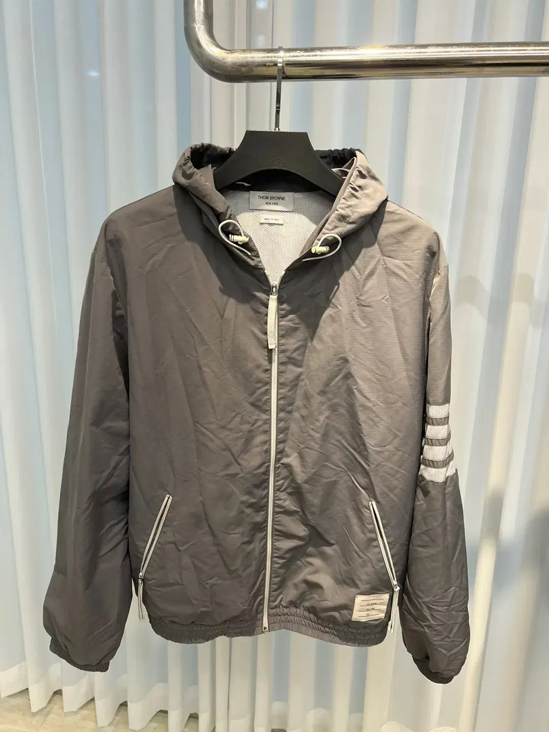 (4) Thom Browne Diagonal Armband Ripstop Hooded Windbreaker Jacket Gray Department Store Edition