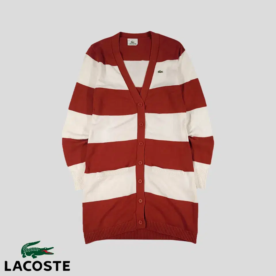 Lacoste Red White Striped Crocpatched Cotton100 V-Neck Long Cardigan W