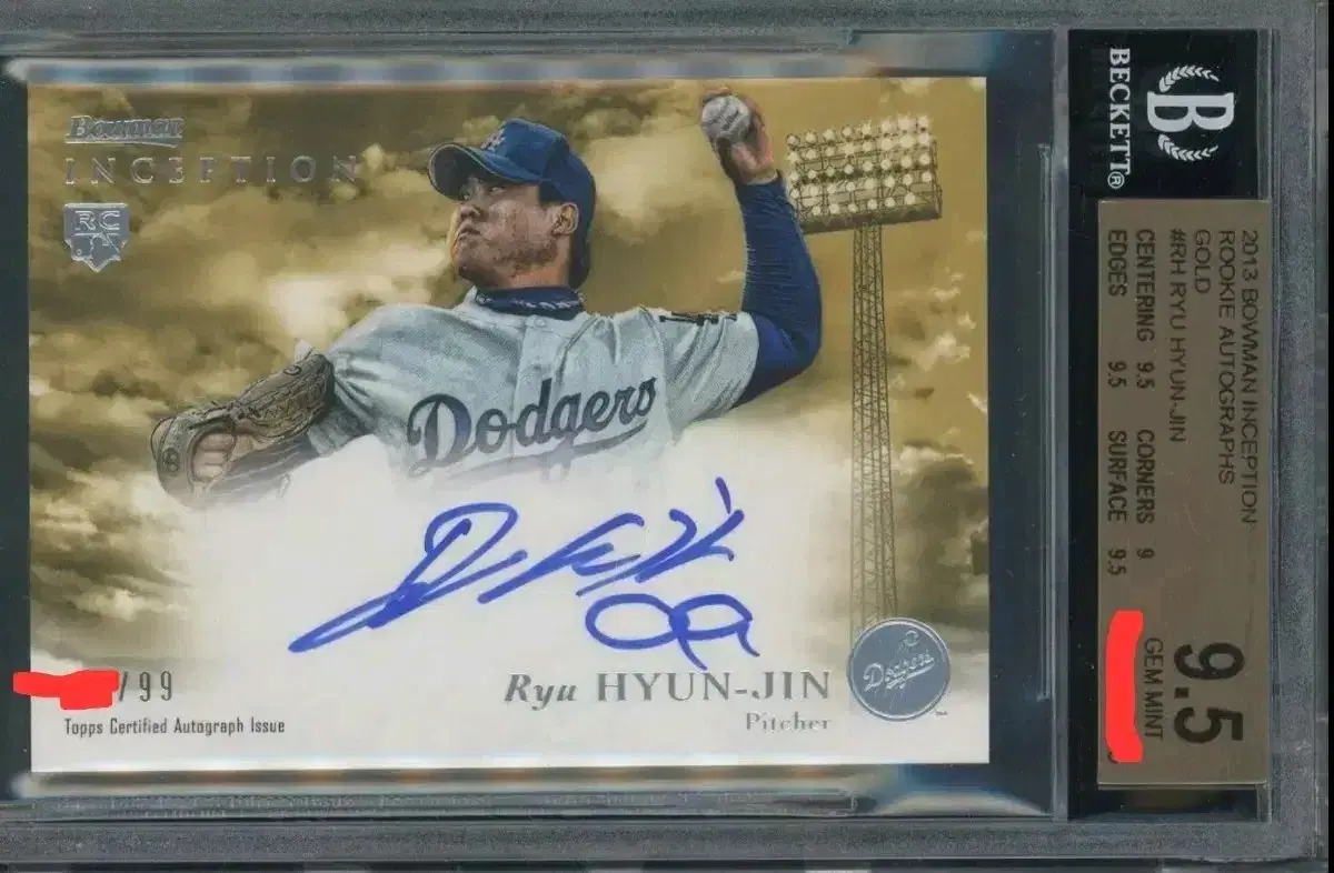 2013 바우만 인셉션 류현진 골드 온오토 RC /99 BGS 9.5