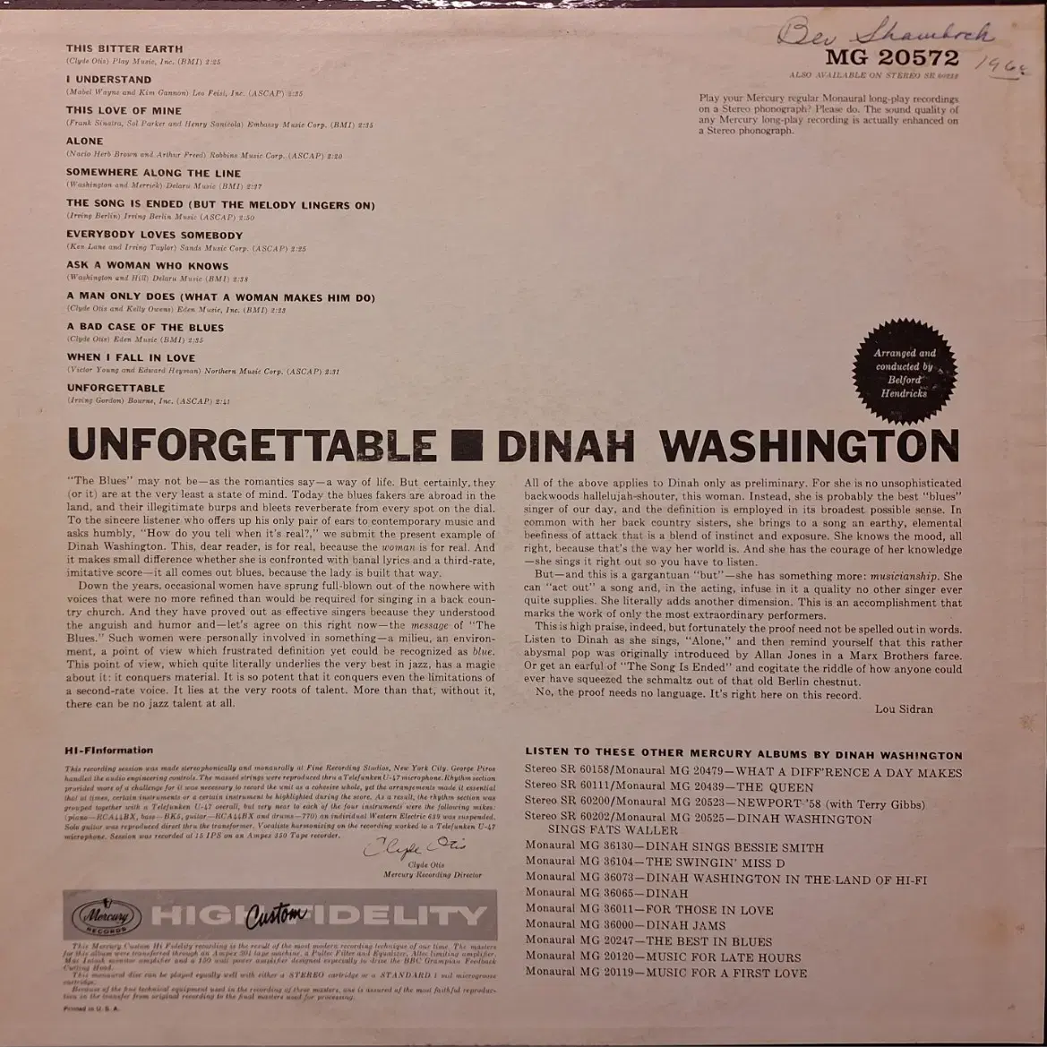 미국원반/Jazz/초판/Dinah Washington LP