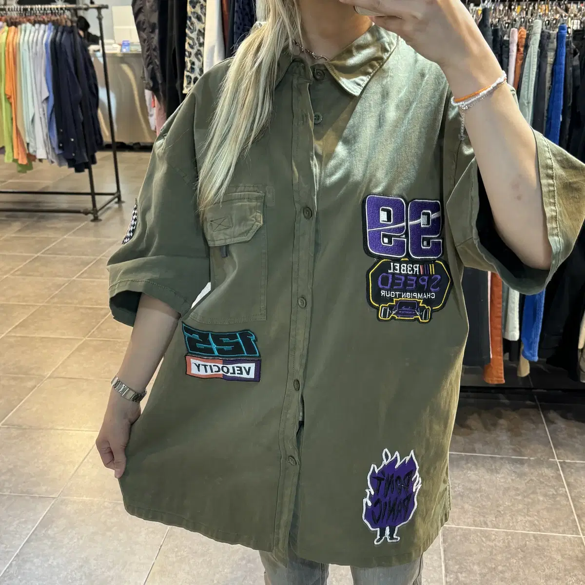 (NO.9) Unique Khaki Patchwork Shirt Vintage Short Sleeve