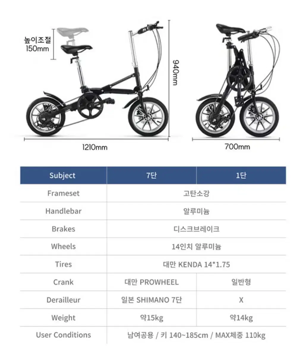 간편 접이식 폴딩 미니벨로 14인치 시마노7단