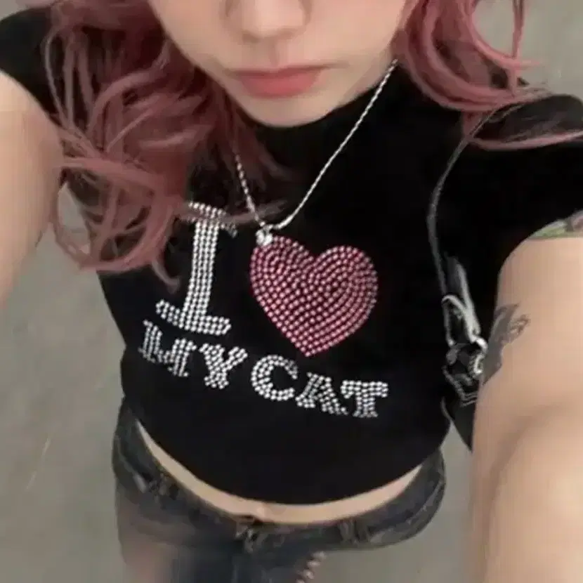 I 러브 MY CAT 큐빅 반팔 티셔츠