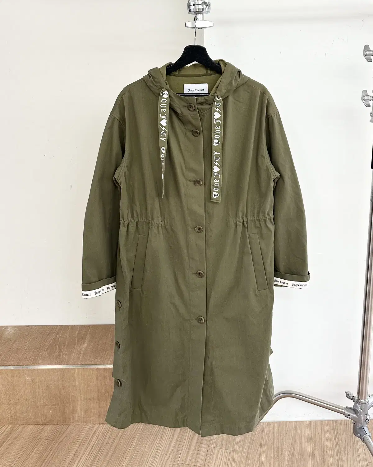 Juicy Couture Khaki Cotton Buttoned Hoodie Coat